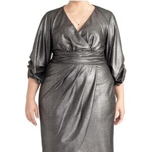 Rachel Roy sliver black metallic faux wrap midi dress size 16w new